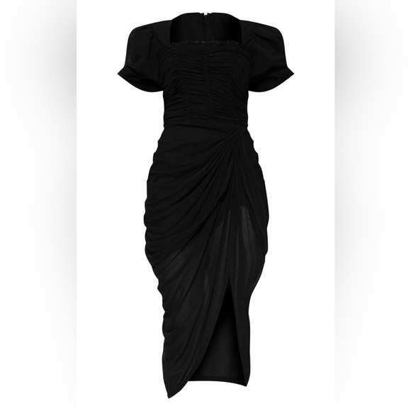 PLT Chocolate Runched Mesh Puff Sleeve Draped Midi Dress - Picture 5 of 6